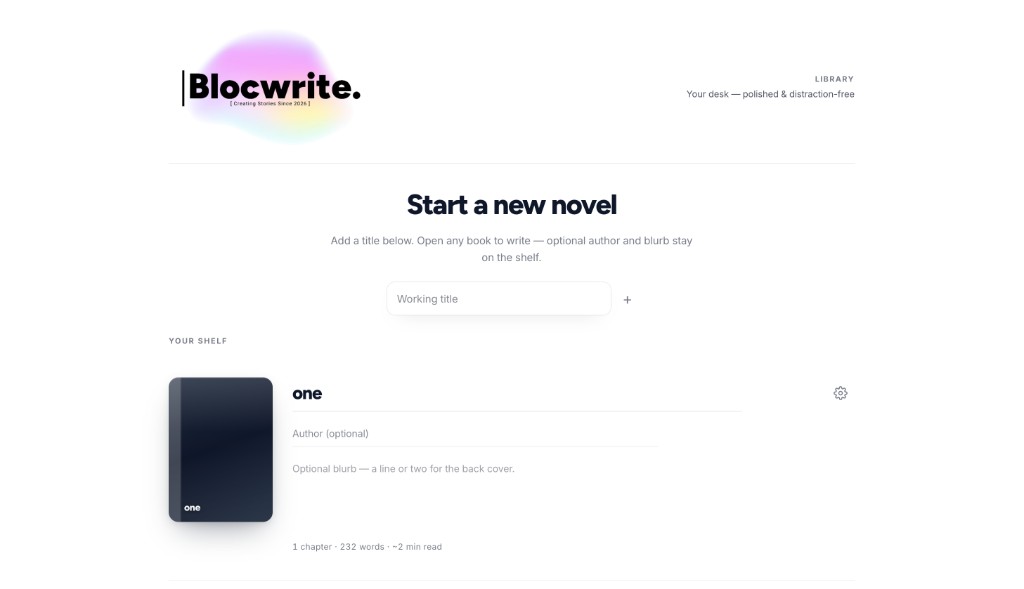 Blocwrite novel overview with chapter shelf