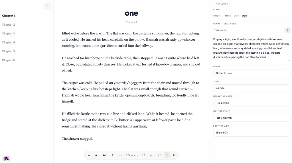 Blocwrite writing room with chapters, draft, and notebook